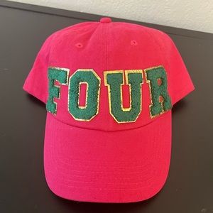 NEW Custom “Four” Hat with Chenille Letters Pink & Green